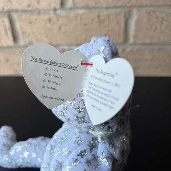 TY Beanie Baby The Beginning White Bear Silver Stars 8.5 Retired Rare Jan 1 2000 - Picture 10 of 16